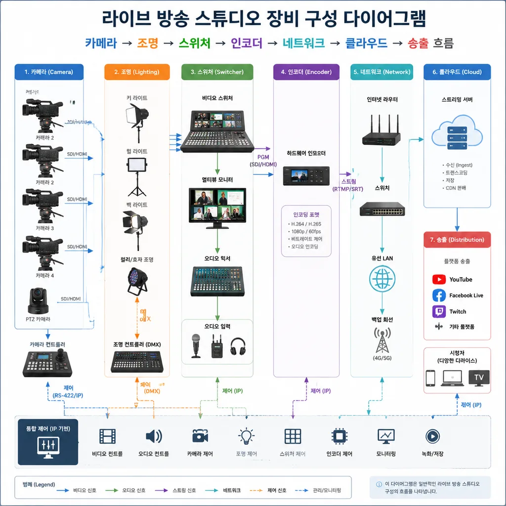 라이브 카지노 방송 장비 구축 비용을 계산하기 위한 스튜디오 장비 구성도