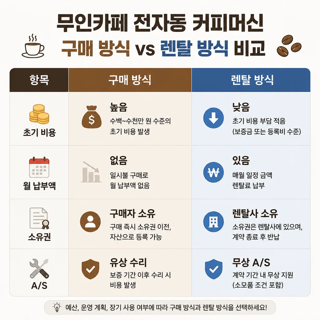 무인카페 커피머신 구매와 렌탈 비교