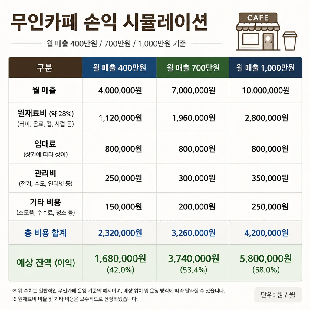 무인카페 월 운영비 손익분기점 계산
